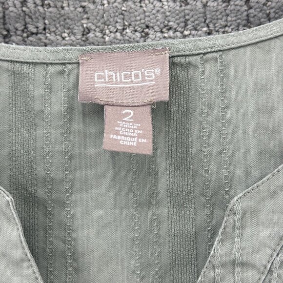 Chicos Womens Shirt 2X Olive Green Button Down Short Sleeve V-Neck Stripe Patter - Picture 6 of 8